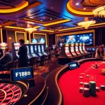 Engaging F168 online gambling scene with vibrant casino tables, chips, and excited players.