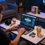 Engaging online gambling session at https://mm88.se.net/ with a laptop and cozy atmosphere.