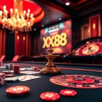 Experience the excitement of betting at https://xx88.moe/ with poker chips and cards on a luxurious casino table.