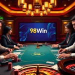 Experience high-stakes poker at 98Win with players sharpening their strategy amidst vibrant casino visuals.