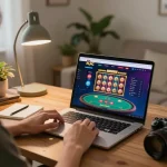 KJC online gaming setup with vibrant laptop screen displaying exciting casino games engaging players.