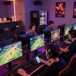 BL555 gaming lounge bustling with players enjoying online games and casino action in a vibrant atmosphere.