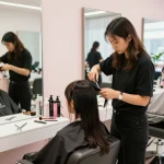 Hairdresser near me providing a haircut in a vibrant salon setting