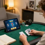 Player engaging in debet online poker game with strategic notes nearby, showcasing a focused gaming session