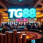 Excited players engaging in a luxurious casino game scene featuring the TG88 logo prominently.