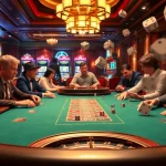 Players enjoying a thrilling poker game at https://lu88bb.com/ with vibrant casino elements around.