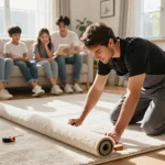 Residential carpet installation in a family living room with an installer and warm home atmosphere.