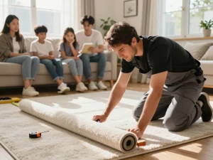 Residential carpet installation in a family living room with an installer and warm home atmosphere.