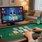 123B player enjoying a live dealer blackjack game in a cozy home setting, showcasing an engaging virtual table experience.