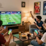 Excited friends watching kèo nhà cái hôm nay during a live football match in a cozy living room.