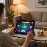 Play V788 casino games on a tablet in a cozy living room with warm lighting.