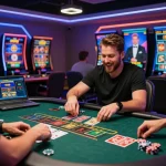 Excited player at 789club virtual blackjack table, vibrant casino atmosphere.