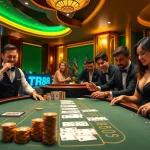 Experience the thrill of TR 88 at a luxurious casino blackjack table with vibrant colors and enthusiastic players.