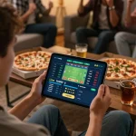 Engaging in online sports betting at home with tr88.pics app interface showing live odds in a cozy setting.