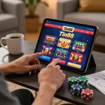 Engaging gaming experience on Tin88 app, with a player focused on online casino action from a cozy home setting.