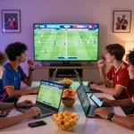 Friends enjoying live football betting on 1gom, showcasing excitement and camaraderie in a vibrant setting.
