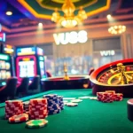 Experience the excitement of VU88 with dynamic casino tables and vibrant slot machines.