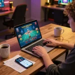 Player using TT88 app on smartphone while enjoying live dealer game on laptop at home