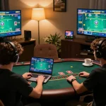 Player enjoying live dealer blackjack on cm88.com in a cozy home setup, engaging with multiple screens.