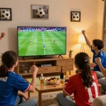 Exciting football match viewing at https://cakhiatvz.live/ with fans cheering around the TV, snacks and drinks create a lively atmosphere.