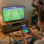Engaging sports betting scene with live football match, betting on kết quả bóng đá through smartphone interface in a cozy home setting