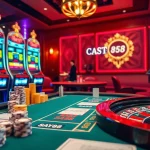 SAY88 casino scene with vibrant slot machines and engaging poker tables, conveying the excitement of gambling.