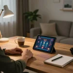 Person engaging with c1688 online casino on tablet, cozy home gaming atmosphere with strategy notes.