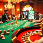 888VI players enjoying a dynamic online casino experience with roulette, poker chips, and slot machines.