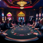 Nohu90 casino scene featuring high-stakes poker and vibrant slot machines among excited players.
