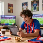 Football fan checking live scores on 7m sports website in an energetic living room.