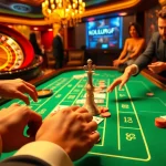 Các người chơi hào hứng tham gia tại bàn casino ảo KO66 được bao quanh bởi ánh sáng rực rỡ và các chip cược.