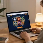 Engage with FLY88 gaming interface through a modern laptop in a cozy home setting