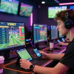 A young adult engaging in online sports betting at Vsbet with vibrant gaming setup.