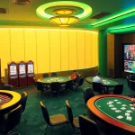 Bong88 players engaging in online gambling excitement at an elegant casino layout, featuring vibrant slot machines and poker tables.