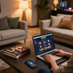 Engaging with a trusted nhà cái uy tín on a laptop with a cozy gaming ambiance.
