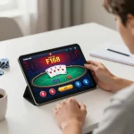 Engaging with the NHÀ CÁI F168 casino app on a tablet during a strategic gameplay session.