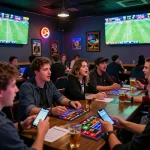 Kết quả bóng đá displayed on large screens in a lively sports betting lounge, with fans engaged in betting activity.