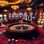 Experience the thrill of TR88 gambling with players at an elegant casino table surrounded by vibrant roulette and slot machines.