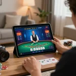 Engaging player interacts with live dealer blackjack on tablet, highlighting sunwin gaming experience.