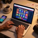 Engaging in online gaming at open88.com with colorful interface and laptop setup for strategic gambling.