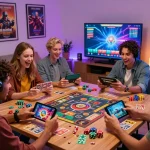 Excited friends enjoying online gambling games with gem88 elements at home.