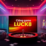 Engage with the immersive Cổng game LUCK8, showcasing vibrant casino elements like poker chips and a roulette wheel.