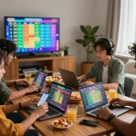 Exciting gathering of friends playing đánh lô online with devices and snacks in a lively urban setting.