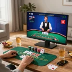 Engaged player strategizing during FC88 online blackjack session in comfortable living room