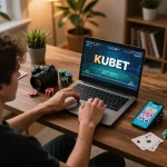 KUBET online betting experience in a home office, showcasing strategic gameplay with poker chips visible.