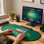 C168 player engaging in live dealer blackjack online, showcasing a cozy home gaming setup with warm ambiance.