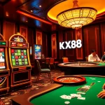 KJC XX88 players enjoying games at a luxurious casino table with slot machines and poker chips.