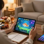 Bắn Cá Đổi Thưởng game interface shown on tablet in a cozy home environment.