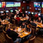 C168 bettors analyzing wagers in a lively sportsbook environment filled with screens and camaraderie.