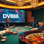 Players enjoying a high-stakes poker game with DV88 interface at a luxurious casino setting.